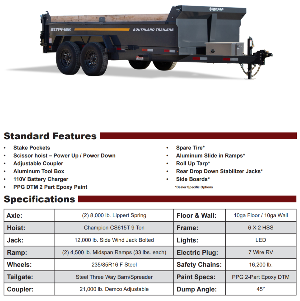 2025 Southland SL714-16k 8-ton Dump Trailer